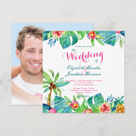 Foto Tropical Beach Wedding Pink Blauwgroen Floral Kaart