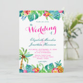 Foto Tropical Berry Pink Blauwgroen Floral Wedding Kaart (Staand voorkant)