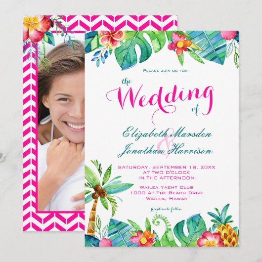 Foto Tropical Berry Pink Blauwgroen Floral Wedding Kaart (Voorkant / Achterkant)