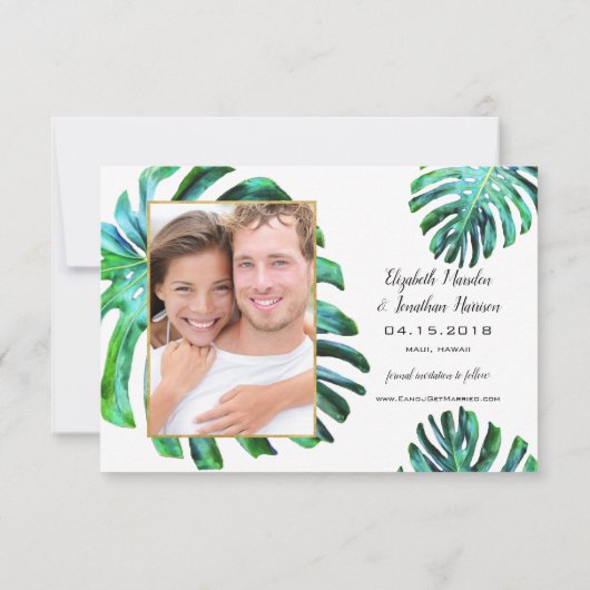 Foto Tropical Leaf Greenery Gold Save the Date (Achterkant)