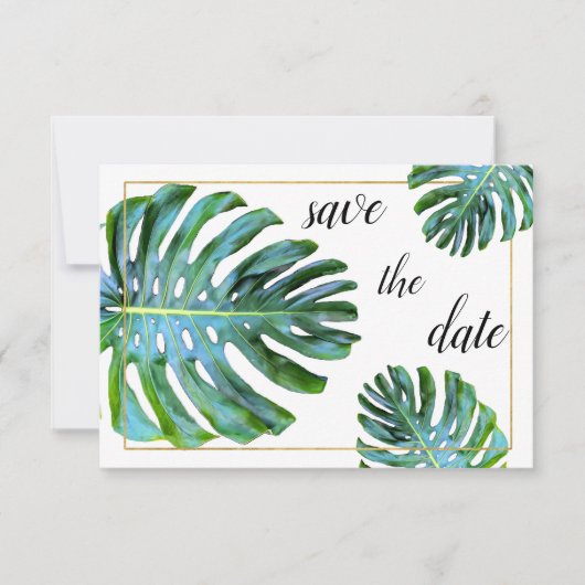 Foto Tropical Leaf Greenery Gold Save the Date (Voorkant)