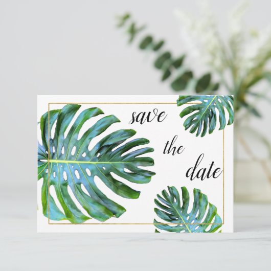 Foto Tropical Leaf Greenery Gold Save the Date (Staand voorkant)