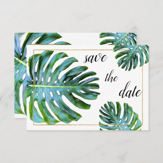 Foto Tropical Leaf Greenery Gold Save the Date (Voorkant / Achterkant)