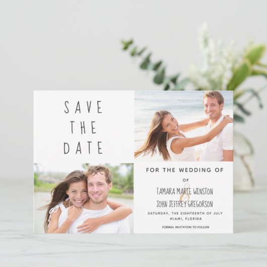 Foto Tropical Palm Leaves Blue Bewaar de datum Kaart (Staand voorkant)