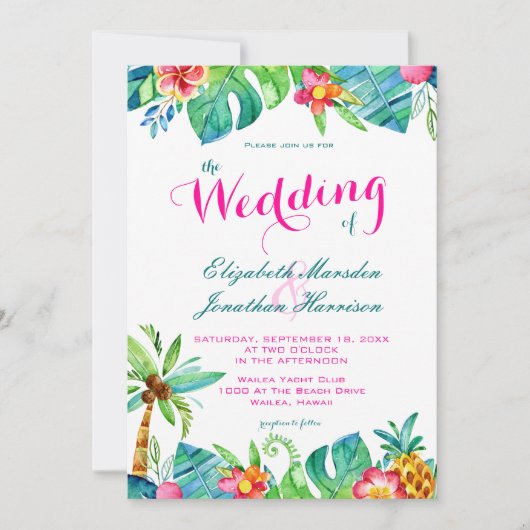 Foto Tropisch Roze Blauwgroen Floral Chevron Weddi Kaart (Voorkant)