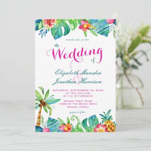 Foto Tropisch Roze Blauwgroen Floral Chevron Weddi Kaart (Staand voorkant)
