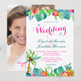Foto Tropisch Roze Blauwgroen Floral Chevron Weddi Kaart
