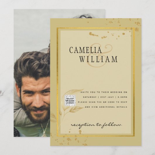 Foto Trouw Uitnodiging QRCode RSVP Goud Geel (Voorkant / Achterkant)