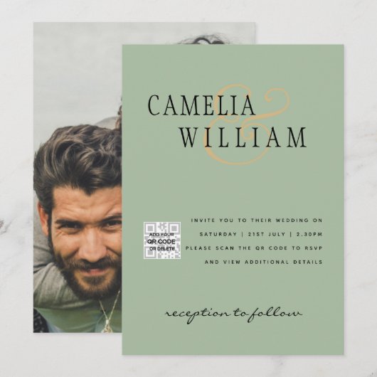 Foto Trouw Uitnodiging QRCode RSVP Salie Groen (Voorkant / Achterkant)