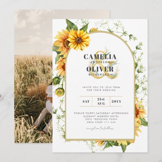 Foto trouwkaart met zonnebloemen kaart (Voorkant / Achterkant)