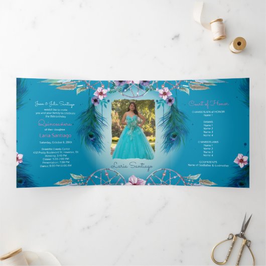 Foto: Turqouise Dream catcher Quinceanera Drieluik Uitnodiging (Binnen)