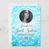 FOTO Turquoise Bokeh Lights Sweet 16 Party Kaart (Voorkant)