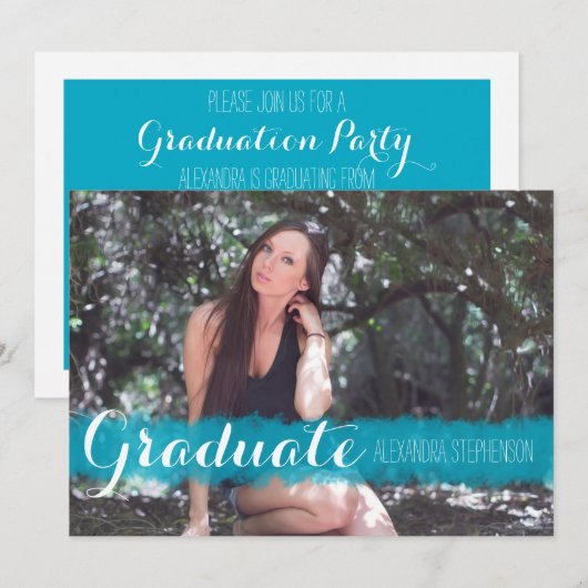 Foto Turquoise Brushstroke Graduation Party Kaart (Voorkant / Achterkant)