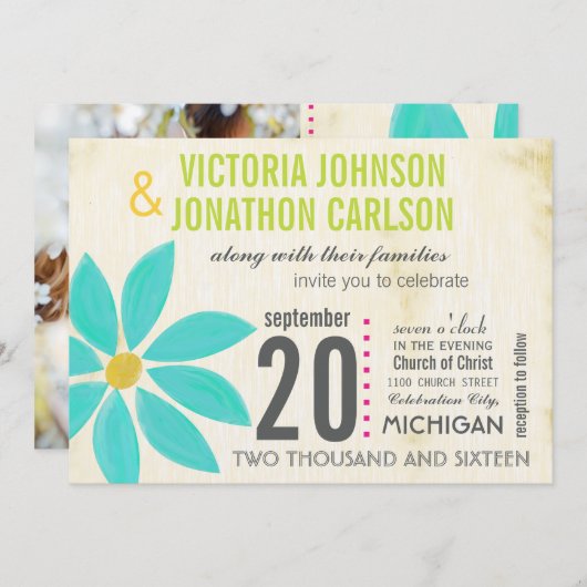 Foto: Turquoise Daisy Wedding Invitations Kaart (Voorkant / Achterkant)