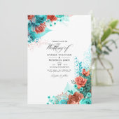 Foto Turquoise en Coral Floral Wedding Kaart (Staand voorkant)