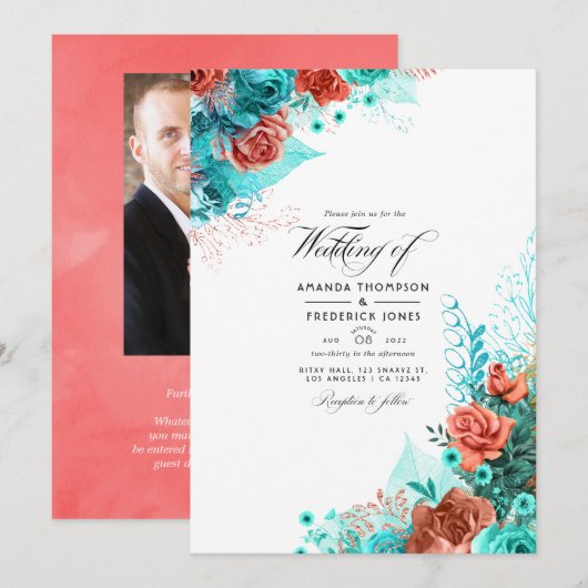 Foto Turquoise en Coral Floral Wedding Kaart (Voorkant / Achterkant)