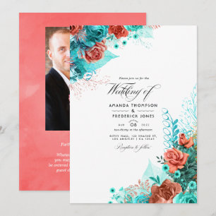 Foto Turquoise en Coral Floral Wedding Kaart