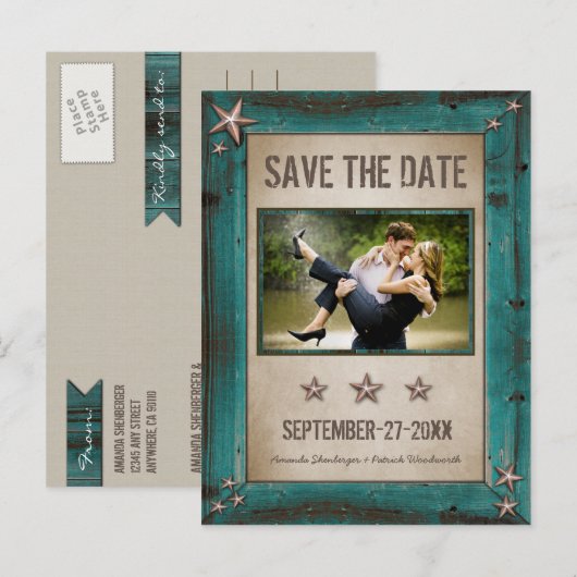 Foto Turquoise Schuur Hout Bewaar de datumkaarten Aankondigingskaart (Voorkant / Achterkant)