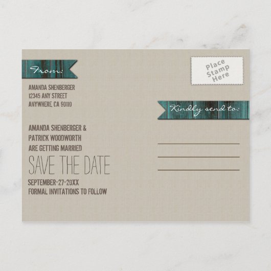 Foto Turquoise Schuur Hout Bewaar de datumkaarten Aankondigingskaart (Achterkant)