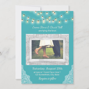 Foto Turquoise String Lights & Lace Wedding Kaart
