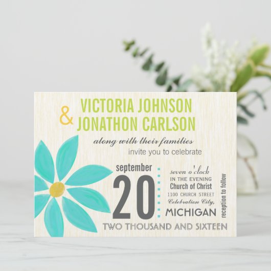 Foto Turquoise Stylized Daisy Wedding Invitting Kaart (Staand voorkant)
