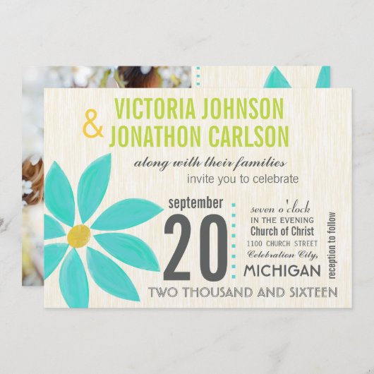 Foto Turquoise Stylized Daisy Wedding Invitting Kaart (Voorkant / Achterkant)
