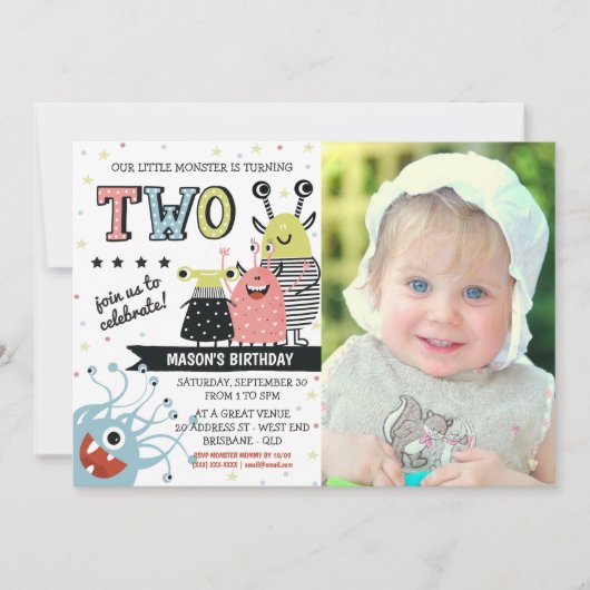 Foto Twee jaar oud Monster Verjaardag uitnodiging (Voorkant)