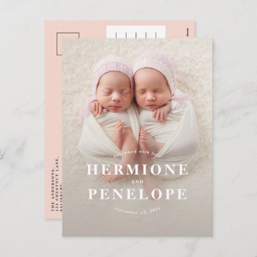 Foto tweeling moderne typografische geboorte feestdagenkaart (Voorkant / Achterkant)