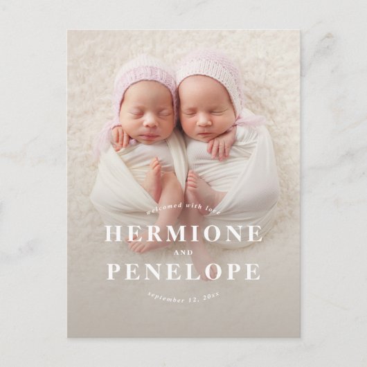 Foto tweeling moderne typografische geboorte feestdagenkaart (Voorkant)