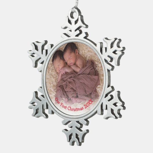 Foto Twins Red Babys, eerste kerstdag Tin Sneeuwvlok Ornament (Rechts)