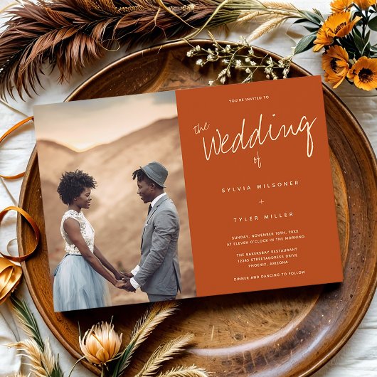 Foto Typografie Burnt Oranje Wedding Kaart