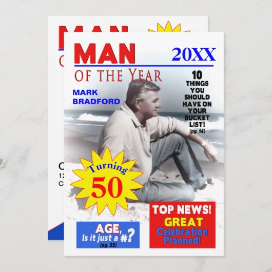 FOTO-uitnodiging, inlassing/naam/leeftijd, MANNEN, Kaart (Voorkant / Achterkant)