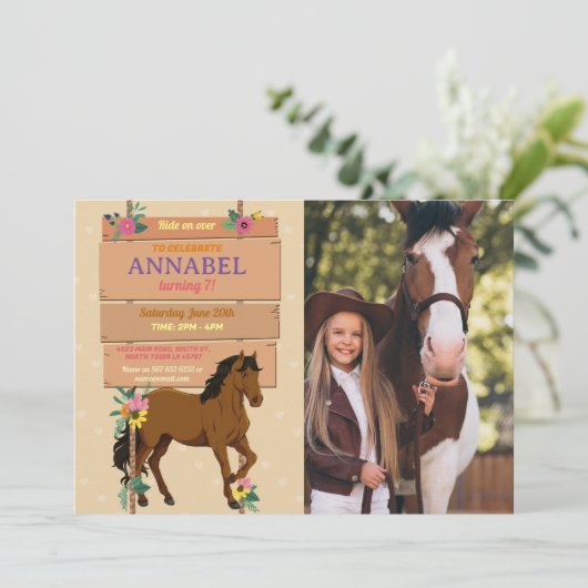 Foto uitnodiging paardrijfeest pony bloemen  (Staand voorkant)