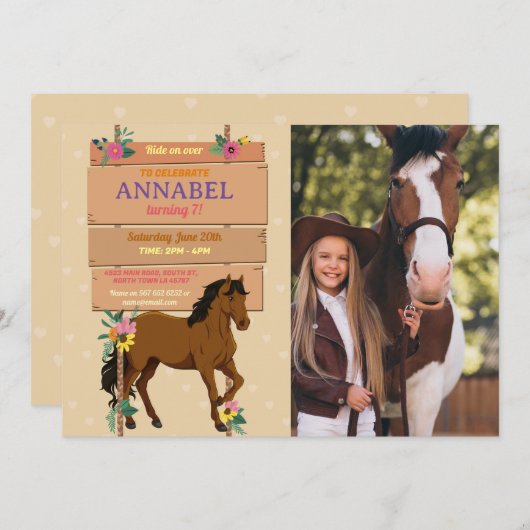 Foto uitnodiging paardrijfeest pony bloemen (Voorkant / Achterkant)