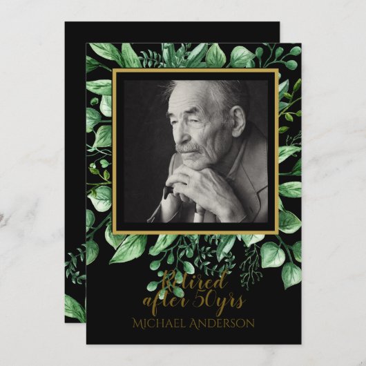 FOTO Uitnodiging Pensionering Zwart Gouden Bladere (Voorkant / Achterkant)