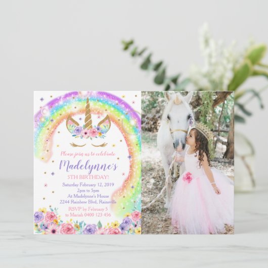 Foto uitnodiging Regenboog Eenhoorn Regenboog (Staand voorkant)