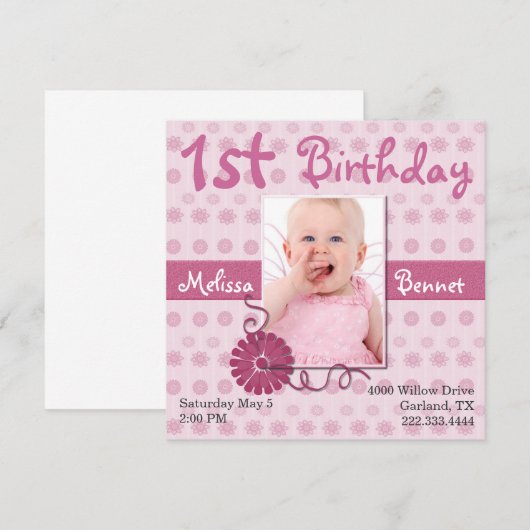 Foto uitnodiging voor roze baby's eerste verjaarda (Voorkant / Achterkant)