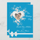 Foto-uitnodigingen van Turquoise & White Heart Wed Kaart (Voorkant / Achterkant)