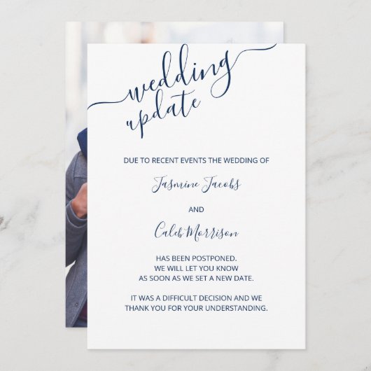 Foto Uitstelkaart Blauw Script Trouw Update Kaart (Voorkant / Achterkant)