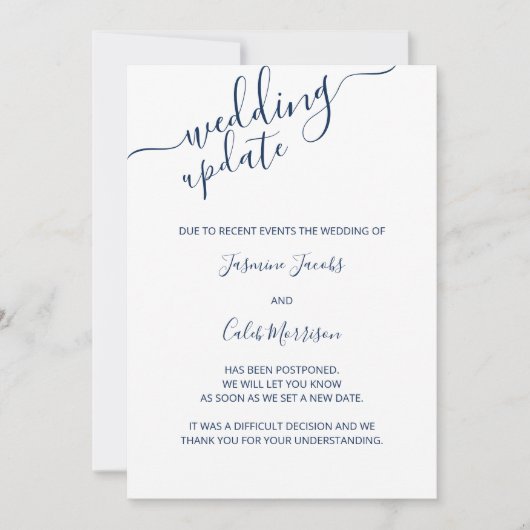 Foto Uitstelkaart Blauw Script Trouwupdate Kaart (Voorkant)