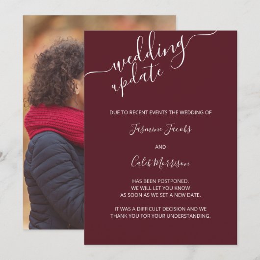 Foto-uitstelkaart Burgundy Wedding Update Kaart (Voorkant / Achterkant)