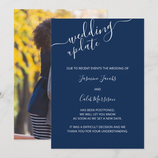 Foto Uitstelkaart Marineblauwe Trouwupdate Kaart (Voorkant / Achterkant)