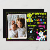 Foto: Unicorn en Dinosaur verjaardagsuitnodiging Kaart (Voorkant / Achterkant)