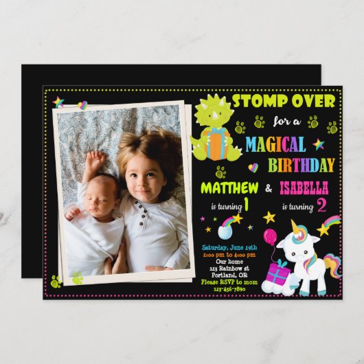 Foto: Unicorn en Dinosaur verjaardagsuitnodiging Kaart (Voorkant / Achterkant)