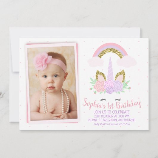 Foto Unicorn en Rainbow Birthday Uitnodiging (Voorkant)