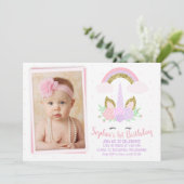 Foto Unicorn en Rainbow Birthday Uitnodiging (Staand voorkant)