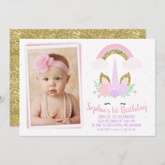 Foto Unicorn en Rainbow Birthday Uitnodiging (Voorkant / Achterkant)