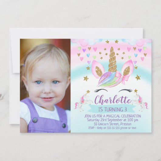Foto Unicorn Rainbow Birthday Uitnodiging (Voorkant)