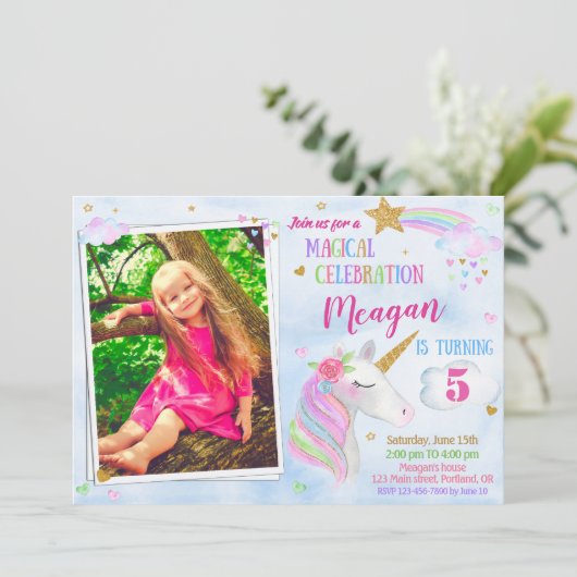 Foto: Unicorn verjaardagsuitnodiging Magical unico Kaart (Staand voorkant)