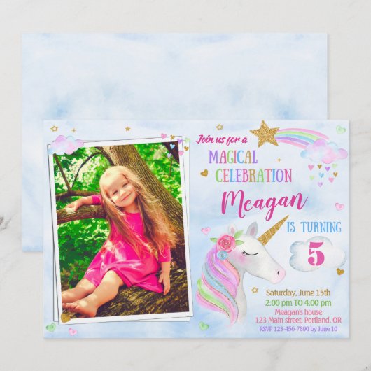 Foto: Unicorn verjaardagsuitnodiging Magical unico Kaart (Voorkant / Achterkant)